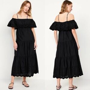 NWT Old Navy Womens Cold Shoulder Maxi‎ Swing Dress XS Black Eyelet Cottagecore